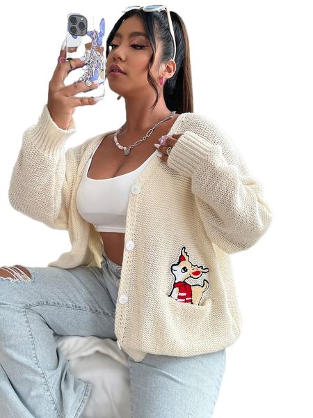 

plus cartoon patched dual pocket drop shoulder cardigan q2pu#, Black