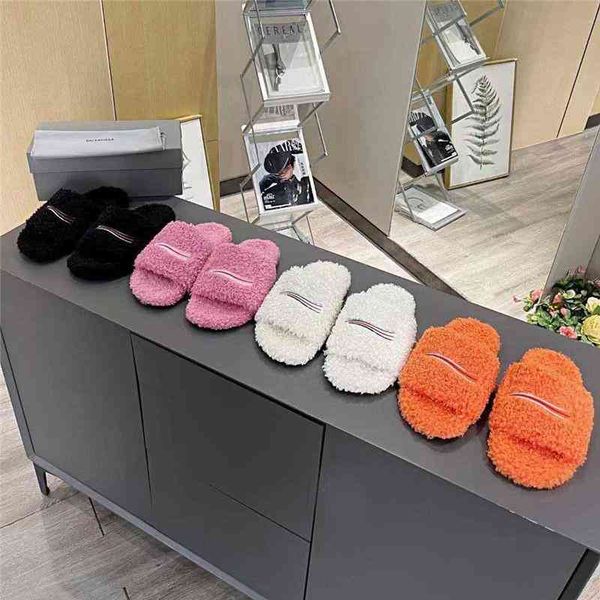 

slippers trendy designer fur home shoes flip flop winter solid color 1:1 embroidery original rubber non-slip wear-resistant bottom autumn gp, Black