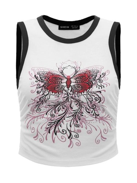 

butterfly print contrast binding crop tank u3y1#, White