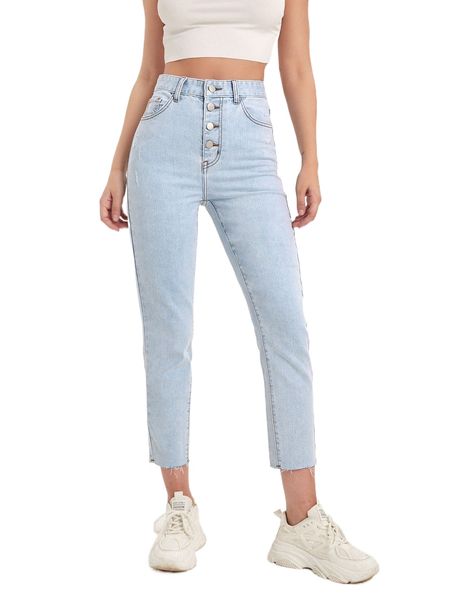 

button fly raw cut mom jeans a1dp#, Blue