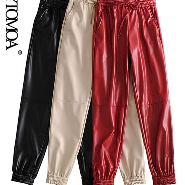 KPYTOMOA Frauen Mode Seite Taschen Faux Leder Jogging Hosen Vintage Hohe Elastische Taille Kordelzug Weibliche Knöchel Hosen Mujer 220325