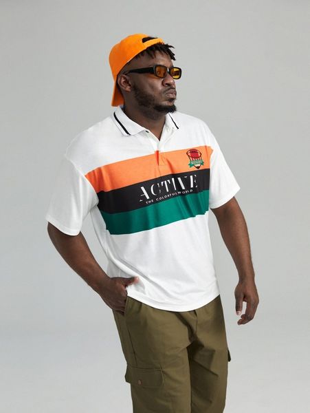 

extended sizes men letter graphic colorblock polo shirt f7hi#, White;black
