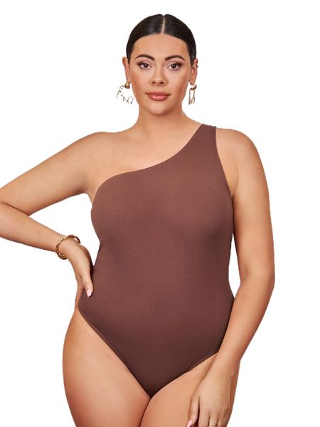 

plus solid one shoulder bodysuit a1r7#, Black