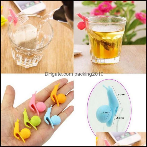 Nouveauté Couleurs de bonbons Mignon Forme d'escargot Sile Porte-sachet de thé Tasse Tasse Clip Coffret cadeau 460 pièces Livraison directe 2021 Outils à café Drinkware Kitch