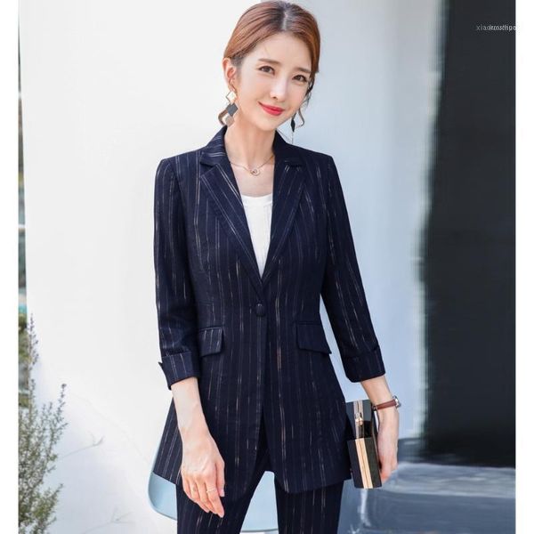 Blazer e giacche da donna casual alla moda Stili di abbigliamento da lavoro da donna a maniche lunghe a righe blu navy1