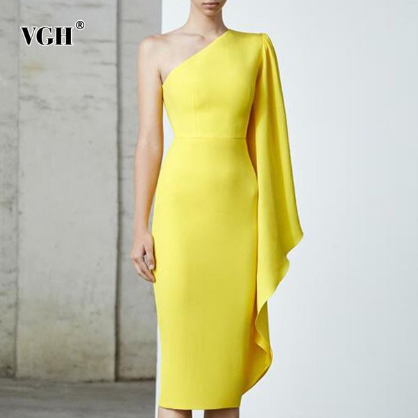 

yellow elegant dress for women diagonal collar long sleeve one off shoulder high waist bodycon midi dresses female 210507, Black;gray