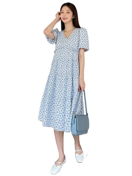 

dazy ditsy floral puff sleeve ruffle hem dress a2pj#, Black;gray