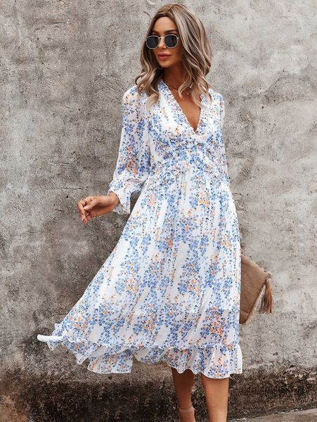 

ditsy floral deep v-neck ruffle hem dress f0sq#, Black;gray