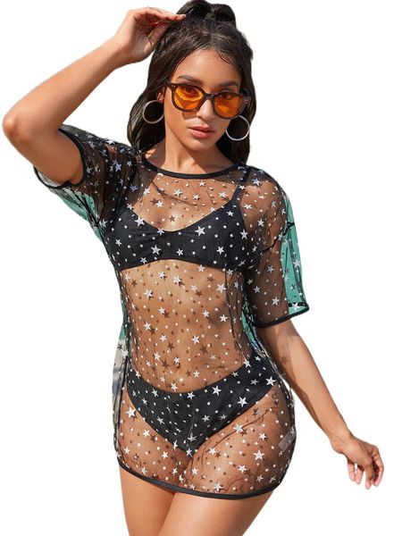 

3pack solid bikini swimsuit & galaxy print cover up 94a1#, White;black