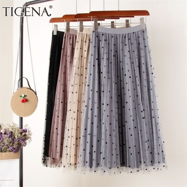 Tigena обратимая бархатная юбка Tulle Women Women Fashion Spring Elegant Polka Dot длинная юбка Женская плиссированная миди юбка с высокой талией 210306