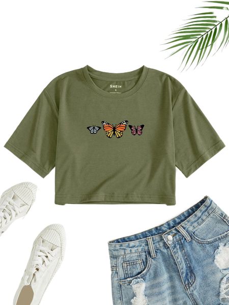 

butterfly print round neck tee k9ay#, White