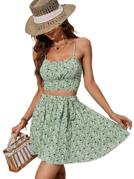 

ditsy floral cami & belted skirt set i01e#, White