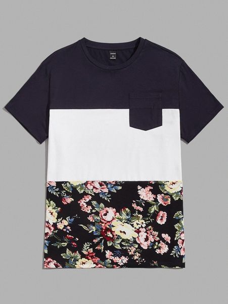 

men floral colorblock pocket detail tee r3f8#, White;black