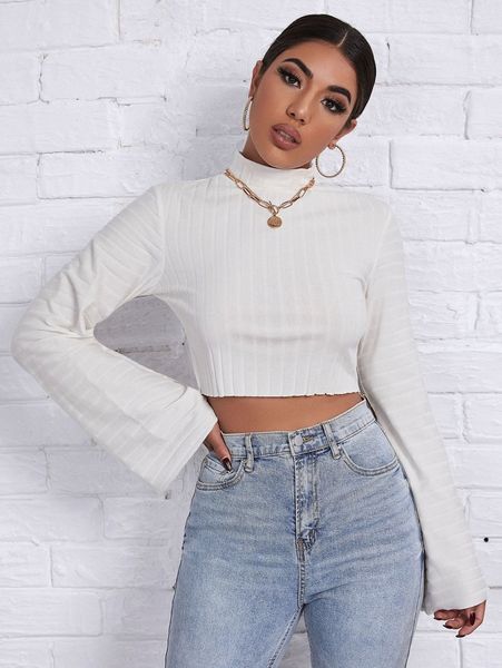 

mock-neck bell sleeve rib-knit crop a4ov#, White