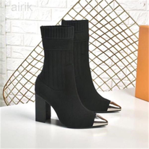 

2023 autumn winter socks boots fashion knitted elastic boot designer alphabetic women shoes lady letter thick high heels large size 35-42, Black