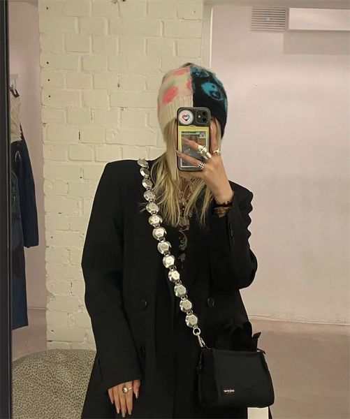 

2022ss new hexagonal shiny metal diagonal accessories chain bag chain shoulder strap pants handmade series fashion, Silver