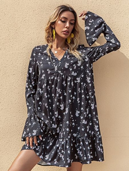 

ditsy floral ruffle hem smock dress u1pu#, Black;gray