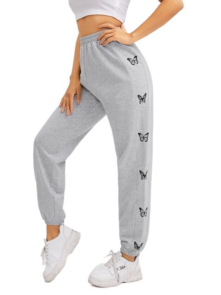 

elastic waist butterfly print joggers l0he#, Black;white