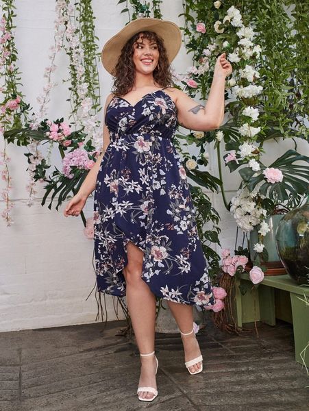 

plus floral print slip dress 87co#, Black