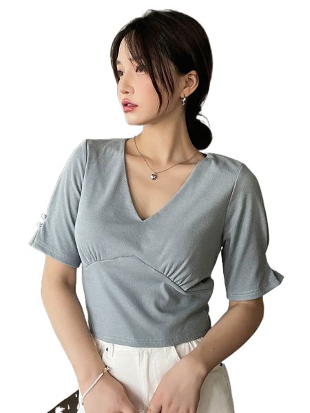 

dazy rib knit ruched pearls detail tee f1re#, White