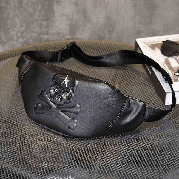 

annmouler women's bag trend luxury men's fanny pack punk style man belt pouch pu leather skull waist pochete 220531
