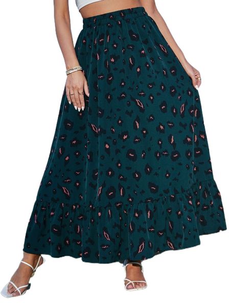

high waist allover print ruffle hem skirt 08kz#, Black