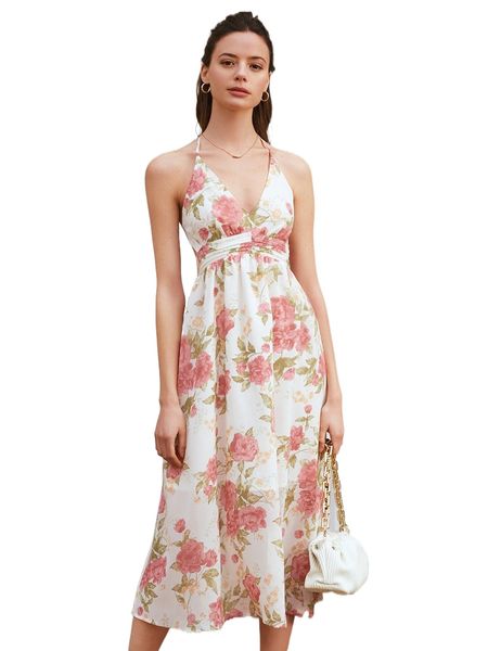 

floral print tie backless halter dress n8q5#, Black;gray