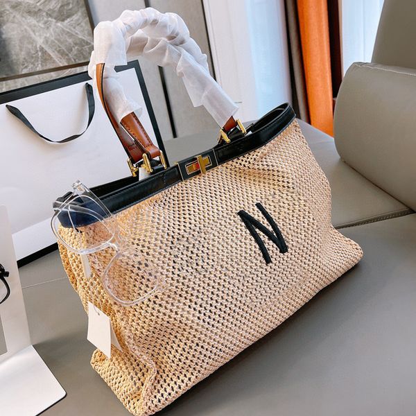 

designer straw tote bag shopper bag women fashion leather shoulder strap beach handbag letter embroidery raffia hand woven travel luxury tot