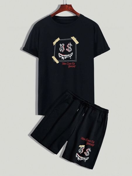 

romwe guys slogan cartoon graphic tee & drawstring shorts u31y#, Gray