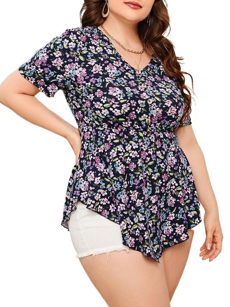 

plus allover floral print button detail ruffle hem tee d3ym#, Black