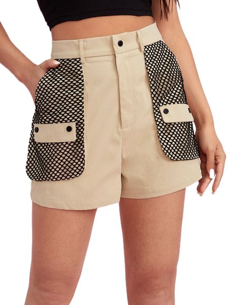 

flap detail fishing net pocket shorts z53i#, White;black