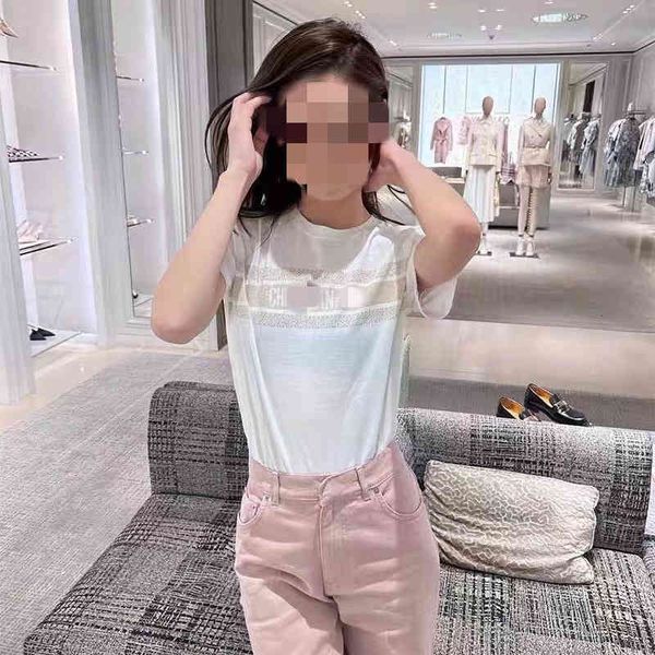 

women's t-shirt 232 summer d casual slim stripe lettered embroidery crew neck short sleeve t-shirt, White