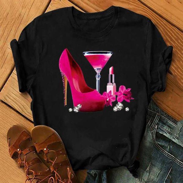 T-shirt Zogankin Summer Casual Top manica corta donna rosa tacco alto scarpe bicchieri da vino stampato nero femminile