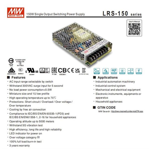 Schaltnetzteil-Transformator auf DC Slim für LED-Nebelmaschine Meanwell LRS-150-48 AC-Typ 150 W 48 V 3,3 A mit CE ROHS