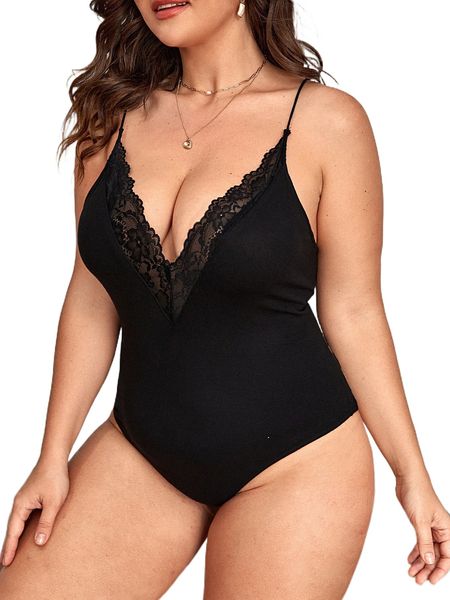 

plus contrast lace cami bodysuit x3wd#, Black