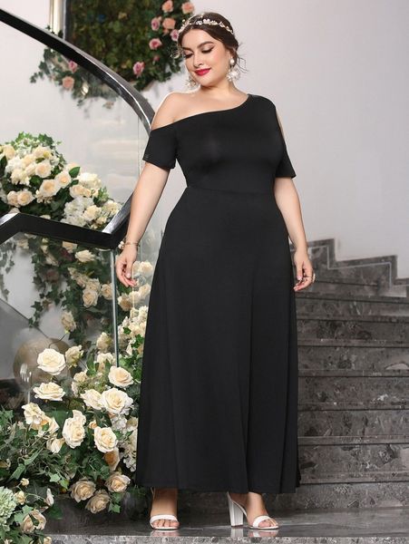

plus solid asymmetrical neck a-line dress y0rf#, Black