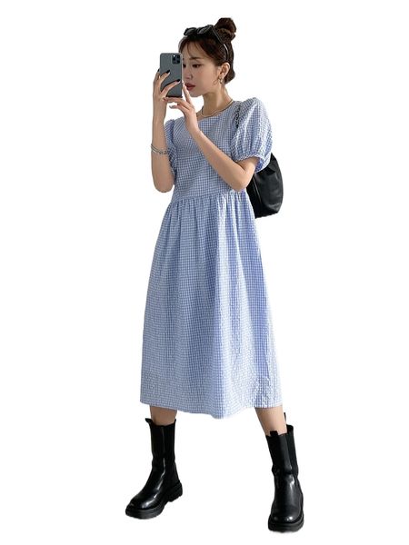 

dazy gingham print puff sleeve smock dress l3j3#, Black;gray