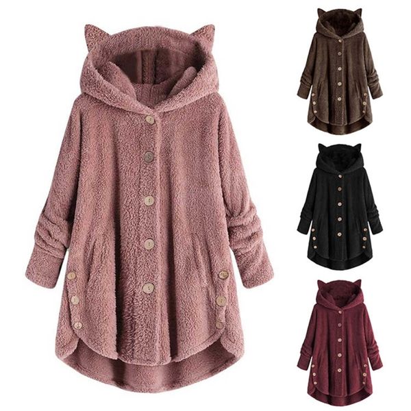

womens coat winter plus velvet sports winter cute cats ears hooded irregular hem buttons jacket fleece coat christmas gift 220722, Black