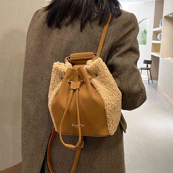 

women's crossbody bags lambswool handbag female shopper purse fashion casual letter printing drawstring dual-use bucket bag 220509