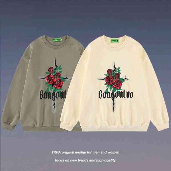 

tkpa american rose print round neck sweater men's and women's hip-hop trend loose versatile casual pullover, Black