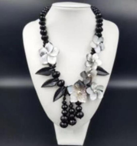 

new glassic natural black jade &amp gray shell flowers leaf party necklace 20inch, Silver