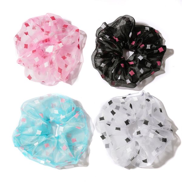 

fashion organza sheer scrunchie with color mesh gauze ball hair ring women ponytail hair rope bands girls sweet hair accessories, Slivery;white