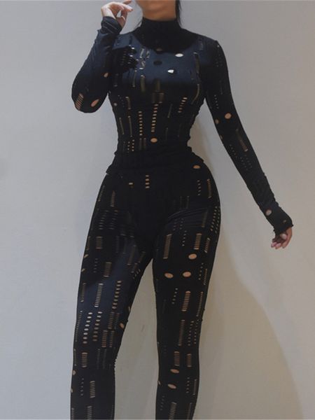 

biker style two piece set women autumn hollow out long sleeve turtleneck solid sheath stretchy waist female pants, White