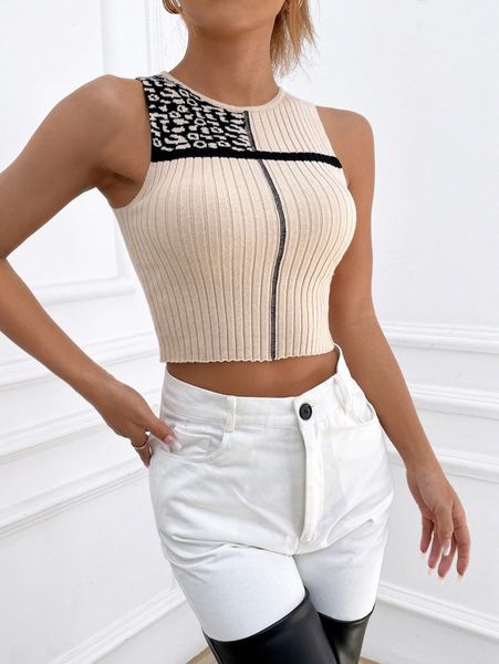 

leopard pattern crop tank knit h7pn#, White;black