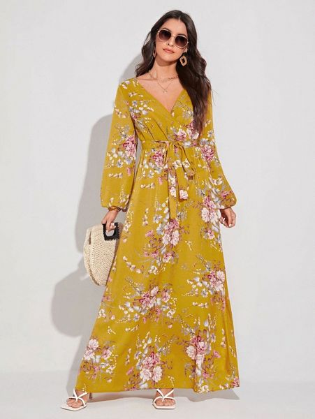 

tall floral print belted dress u5gx#, Black;gray