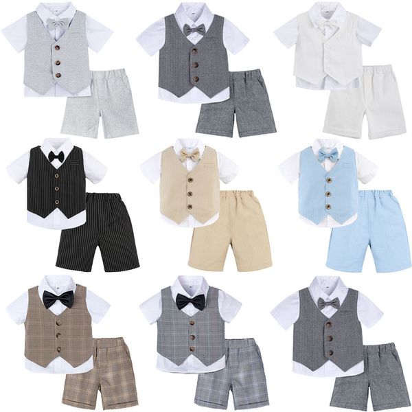 3pcs Baby Kids Kids Roupas Conjuntos de roupas infantil Casamento de terno formal Roupa Toddler Summer White Shirt com colete de gravata borboleta Trajes 220715