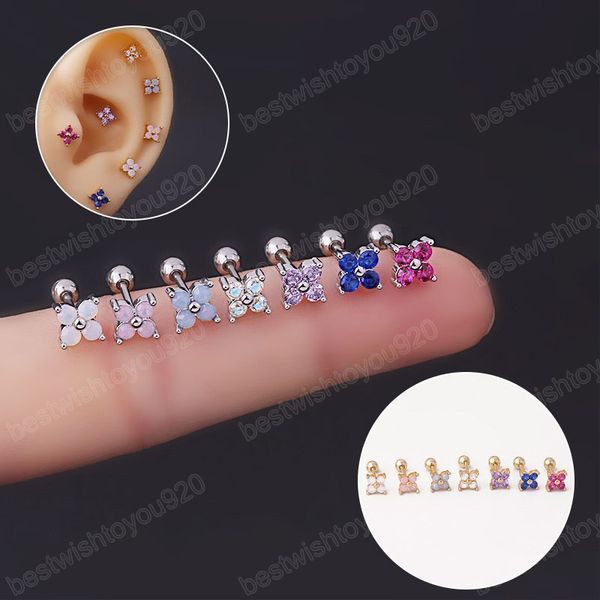 

stainless steel crystal zircon ear studs earrings for women flower helix cartilage tragus earring piercing jewelry accessory, Golden;silver