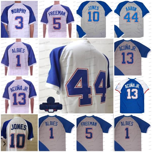 

retired baseball jerseys acuna jr.13 44 hank saron freddie an dale murphy ozzie albies vintage retro pullover mens retro jersey, Blue;black