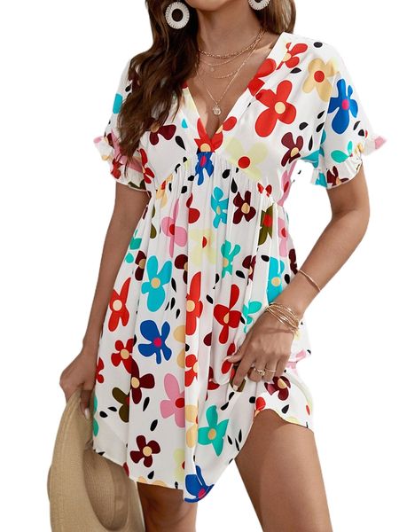 

allover floral print flounce sleeve v neck dress p3lz#, Black;gray