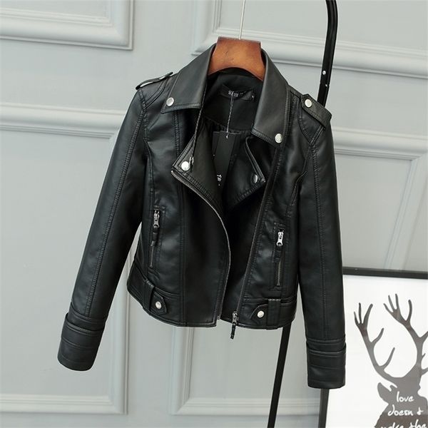 

fitaylor spring autumn women short faux pu jacket slim fashion punk outwear motorcycle leather jacket casual coat 201214, Black